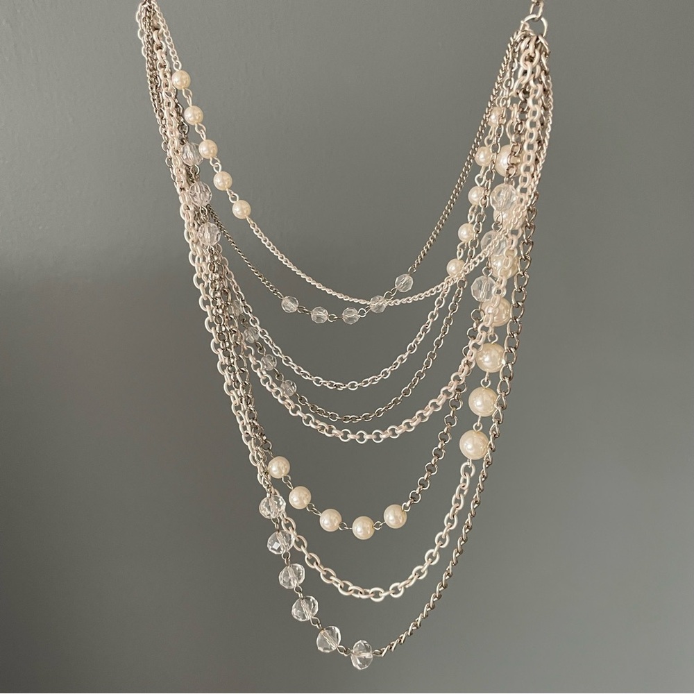 Multi-strand long necklace silver plated strands faux pearls clear beads